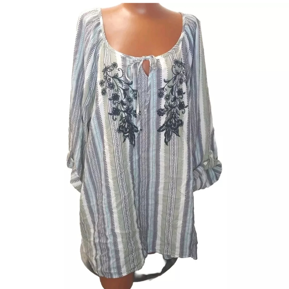 Catherine's Boho Peasant Blouse Plus Sz 5X Floral Embroidered Nautical Striped